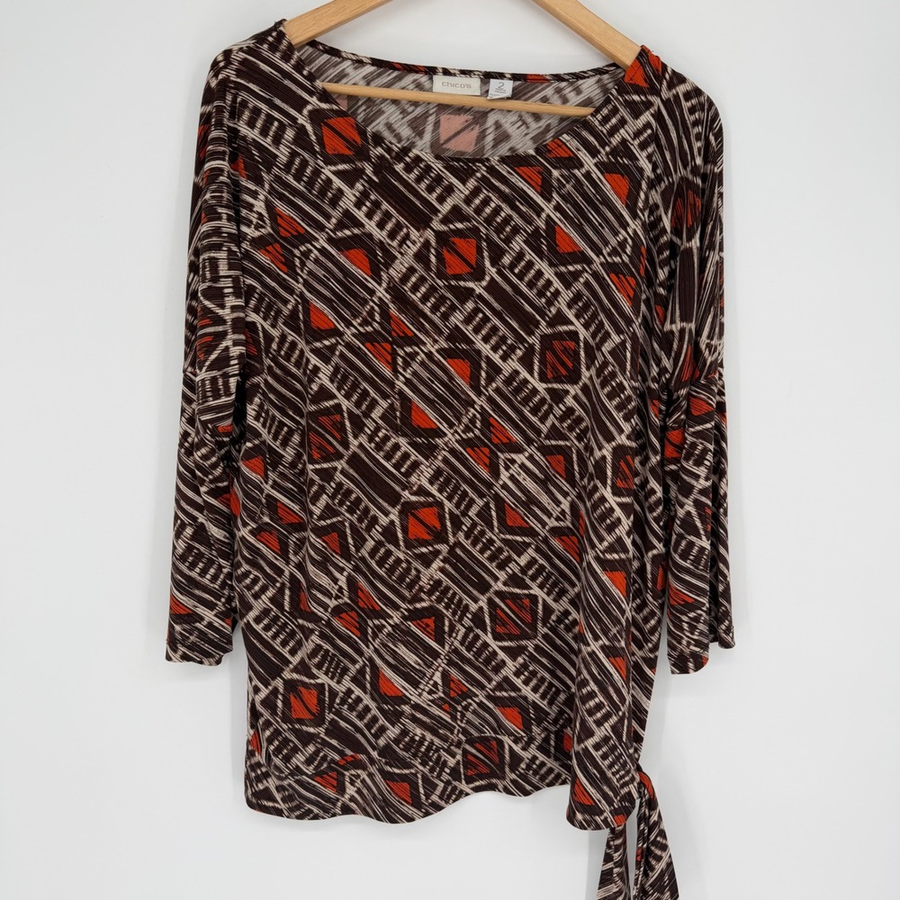 Chico's Tie Top Geometric Ikat Print Side Brown Orange Asymmetrical Size Large